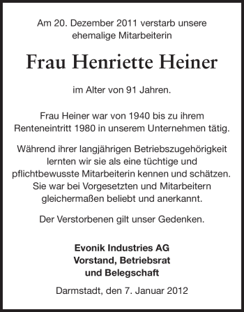Traueranzeige von Henriette Heiner von Echo-Zeitungen (Gesamtausgabe)