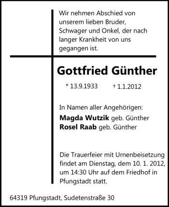 Traueranzeige von Gottfried Günther von Echo-Zeitungen (Gesamtausgabe)