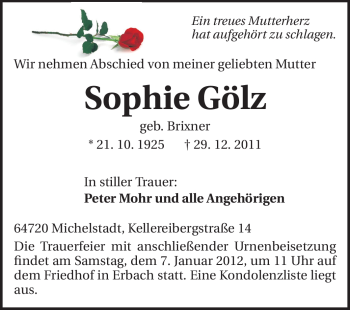 Traueranzeige von Sophie Gölz von Odenwälder Echo