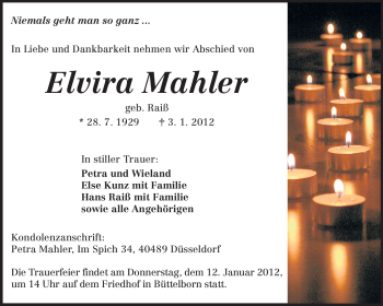 Traueranzeige von Elvira Mahler von Darmstädter Echo, Odenwälder Echo, Rüsselsheimer Echo, Groß-Gerauer-Echo, Ried Echo