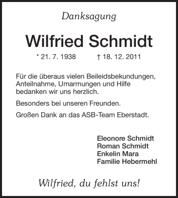 Traueranzeige von Wilfried Schmidt von Echo-Zeitungen (Gesamtausgabe)