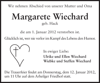 Traueranzeige von Margarete Wiechard von Echo-Zeitungen (Gesamtausgabe)