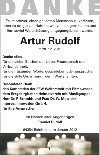 Traueranzeige von Artur Rudolf von Echo-Zeitungen (Gesamtausgabe)