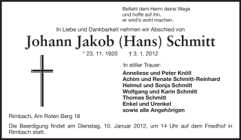 Traueranzeige von Johann Jakob Schmitt von Starkenburger Echo