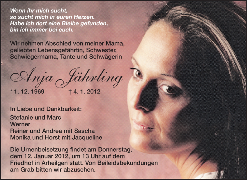  Traueranzeige für Anja Jährling vom 07.01.2012 aus Echo-Zeitungen (Gesamtausgabe)
