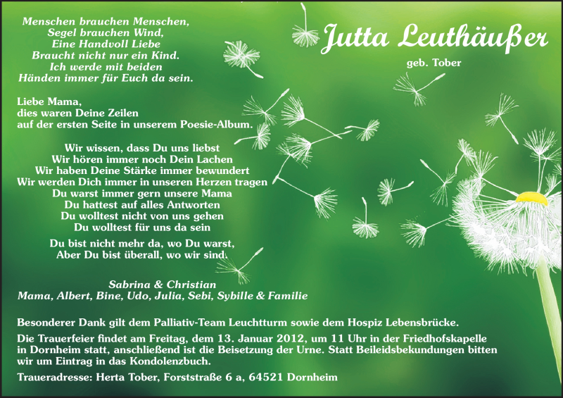  Traueranzeige für Jutta Leuthäußer vom 11.01.2012 aus Rüsselsheimer Echo, Groß-Gerauer-Echo, Ried Echo