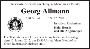 Traueranzeige von Georg Allmann von Echo-Zeitungen (Gesamtausgabe)