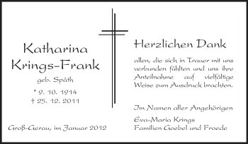 Traueranzeige von Katharina Krings-Frank von Rüsselsheimer Echo, Groß-Gerauer-Echo, Ried Echo