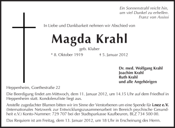Traueranzeige von Magda Krahl von Starkenburger Echo
