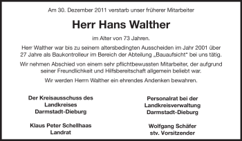 Traueranzeige von Hans Walther von Echo-Zeitungen (Gesamtausgabe)