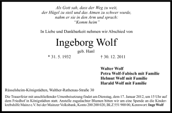 Traueranzeige von Ingeborg Wolf von Rüsselsheimer Echo, Groß-Gerauer-Echo, Ried Echo