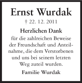 Traueranzeige von Ernst Wurdak von Echo-Zeitungen (Gesamtausgabe)