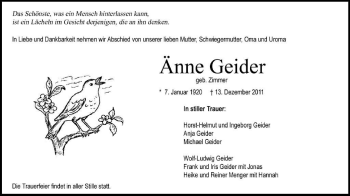 Traueranzeige von Änne Geider von Echo-Zeitungen (Gesamtausgabe)