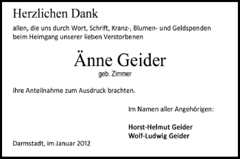 Traueranzeige von Änne Geider von Echo-Zeitungen (Gesamtausgabe)