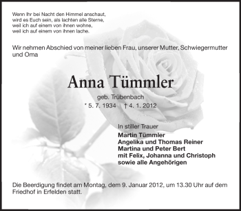 Traueranzeige von Anna Tümmler von Echo-Zeitungen (Gesamtausgabe)