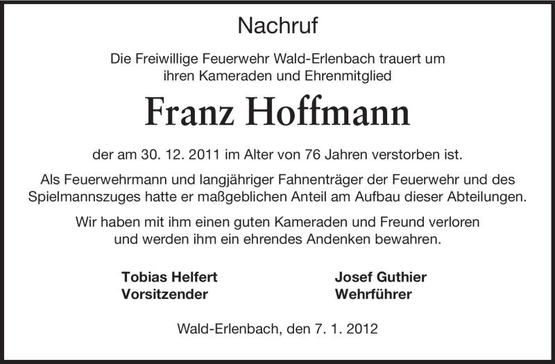  Traueranzeige für Franz Hoffmann vom 07.01.2012 aus Starkenburger Echo