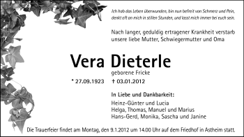 Traueranzeige von Vera Dieterle von Rüsselsheimer Echo, Groß-Gerauer-Echo, Ried Echo