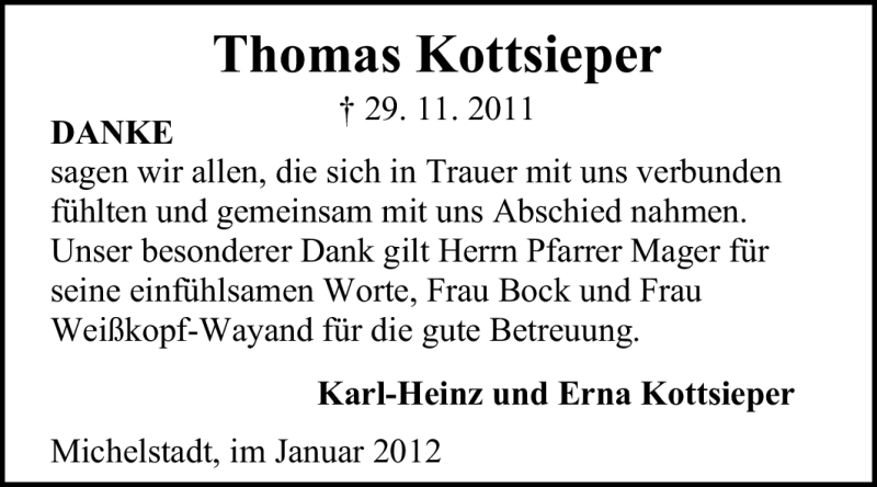  Traueranzeige für Thomas  Kottsieper vom 07.01.2012 aus Odenwälder Echo