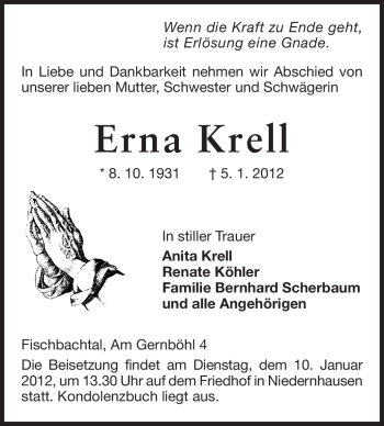 Traueranzeige von Erna Krell von Echo-Zeitungen (Gesamtausgabe)