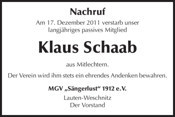 Traueranzeige von Klaus Schaab von Starkenburger Echo