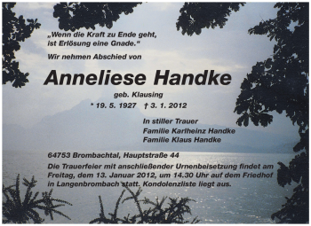 Traueranzeige von Anneliese Handke von Odenwälder Echo