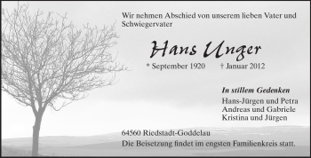 Traueranzeige von Hans Unger von Rüsselsheimer Echo, Groß-Gerauer-Echo, Ried Echo