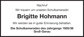 Traueranzeige von Brigitte Hohmann von Rüsselsheimer Echo, Groß-Gerauer-Echo, Ried Echo