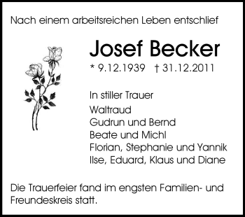 Traueranzeige von Josef Becker von Echo-Zeitungen (Gesamtausgabe)