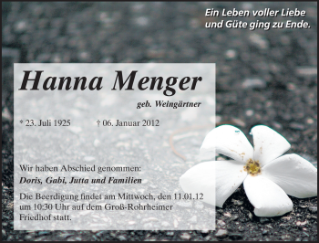 Traueranzeige von Hanna Menger von Starkenburger Echo, Bergsträßer Anzeiger