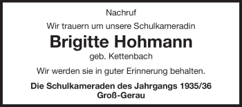 Traueranzeige von Brigitte Hohmann von Rüsselsheimer Echo, Groß-Gerauer-Echo, Ried Echo