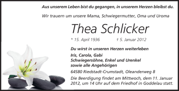 Traueranzeige von Thea Schlicker von Rüsselsheimer Echo, Groß-Gerauer-Echo, Ried Echo
