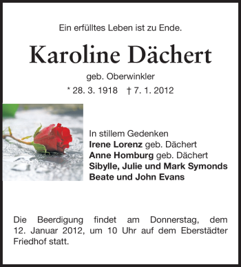 Traueranzeige von Karoline Dächert von Echo-Zeitungen (Gesamtausgabe)