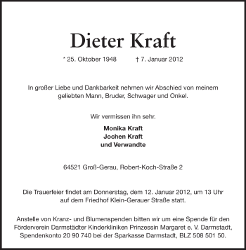 Traueranzeige von Dieter Kraft von Rüsselsheimer Echo, Groß-Gerauer-Echo, Ried Echo