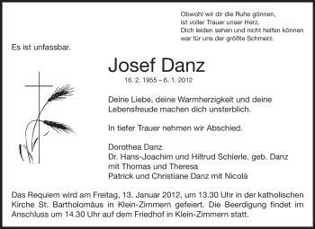 Traueranzeige von Josef Danz von Echo-Zeitungen (Gesamtausgabe)
