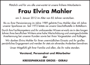 Traueranzeige von Elvira Mahler von Rüsselsheimer Echo, Groß-Gerauer-Echo, Ried Echo