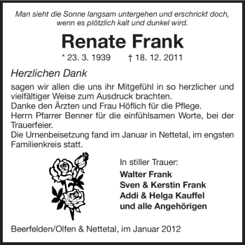 Traueranzeige von Renate Frank von Odenwälder Echo