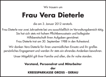 Traueranzeige von Vera Dieterle von Rüsselsheimer Echo, Groß-Gerauer-Echo, Ried Echo