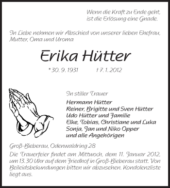 Traueranzeige von Erika Hütter von Echo-Zeitungen (Gesamtausgabe)
