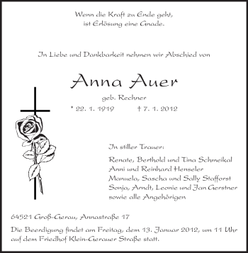 Traueranzeige von Anna Auer von Rüsselsheimer Echo, Groß-Gerauer-Echo, Ried Echo