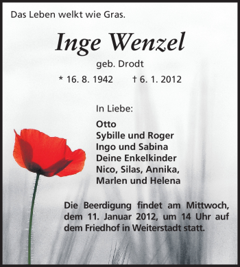 Traueranzeige von Inge Wenzel von Echo-Zeitungen (Gesamtausgabe)