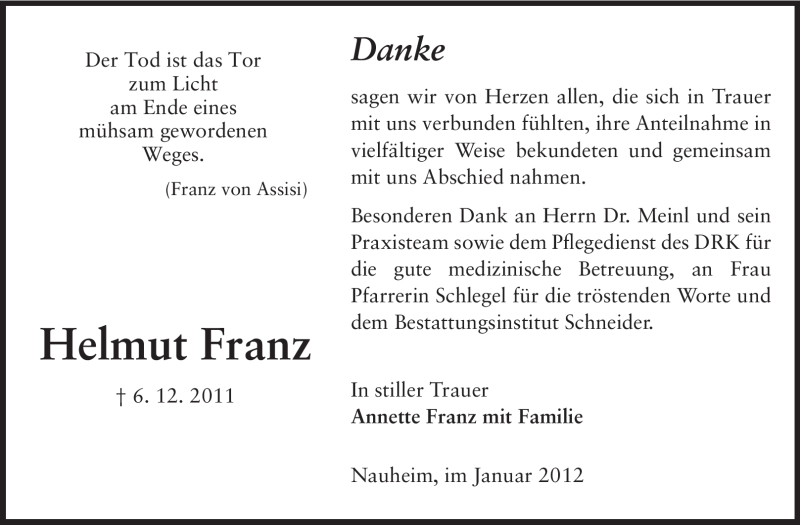  Traueranzeige für Helmut Franz vom 14.01.2012 aus Rüsselsheimer Echo, Groß-Gerauer-Echo, Ried Echo