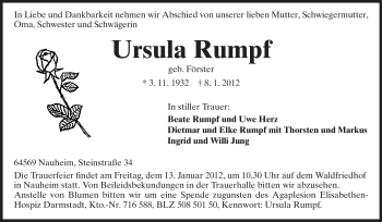 Traueranzeige von Ursula Rumpf von Rüsselsheimer Echo, Groß-Gerauer-Echo, Ried Echo