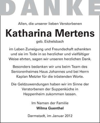 Traueranzeige von Katharina Mertens von Starkenburger Echo
