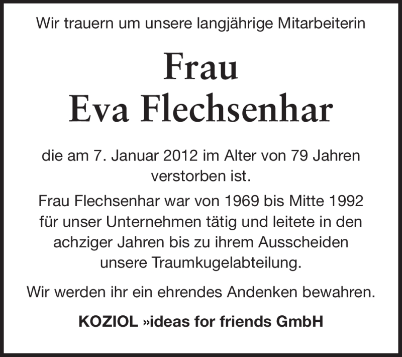 Traueranzeige für Eva Flechsenhar vom 11.01.2012 aus Odenwälder Echo