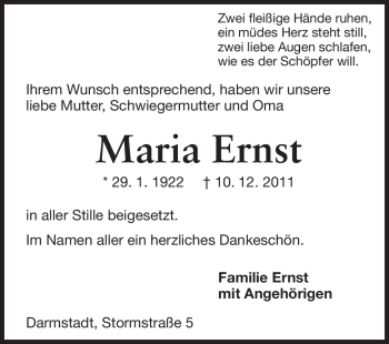 Traueranzeige von Maria Ernst von Darmstädter Echo, Odenwälder Echo, Rüsselsheimer Echo, Groß-Gerauer-Echo, Ried Echo