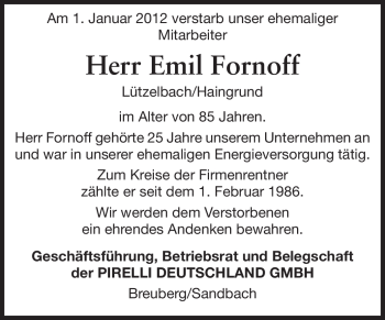 Traueranzeige von Emil Fornoff von Odenwälder Echo