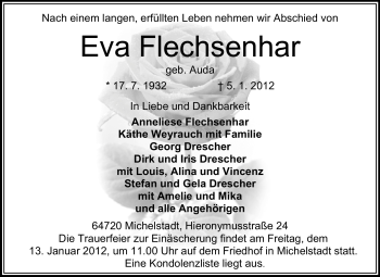 Traueranzeige von Eva Flechsenhar von Odenwälder Echo