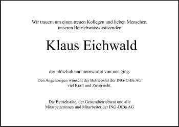 Traueranzeige von Klaus Werner Eichwald von Echo-Zeitungen (Gesamtausgabe)