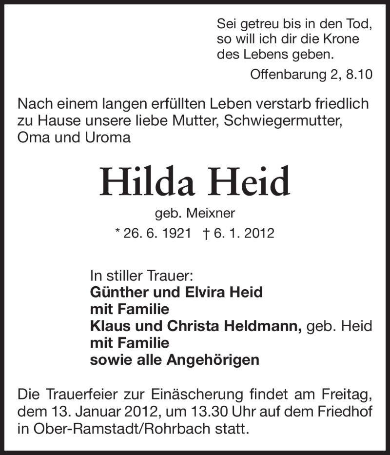  Traueranzeige für Hilda Heid vom 11.01.2012 aus Darmstädter Echo, Odenwälder Echo, Rüsselsheimer Echo, Groß-Gerauer-Echo, Ried Echo