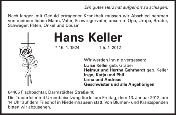 Traueranzeige von Hans Keller von Echo-Zeitungen (Gesamtausgabe)